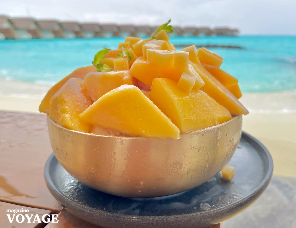 Korean-style shaved ice topped with soybean powder under papaya [© Magazine Voyage]